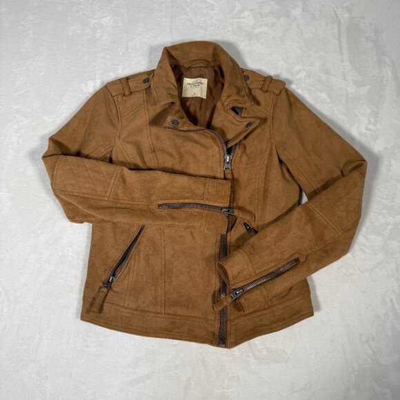 Abercrombie Fitch Biker Jacket Women Size S Brown Full Zip Faux Suede Moto GUC - Picture 7 of 16